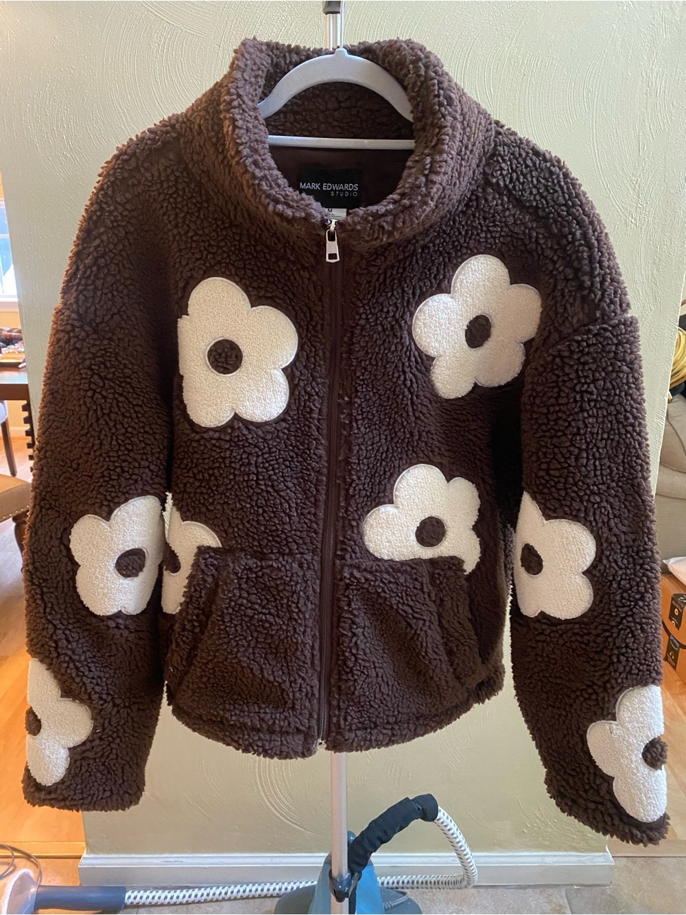 Chocolate Brown Sherpa Jacket with Cream Floral Appliqué